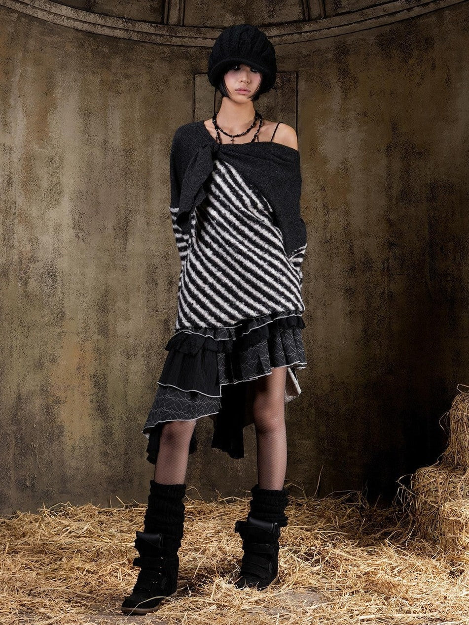 ARIADNAw Contrast Stripe Off Shoulder Punk Women&