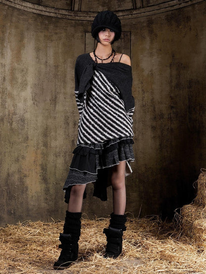 ARIADNAw Contrast Stripe Off Shoulder Punk Women&
