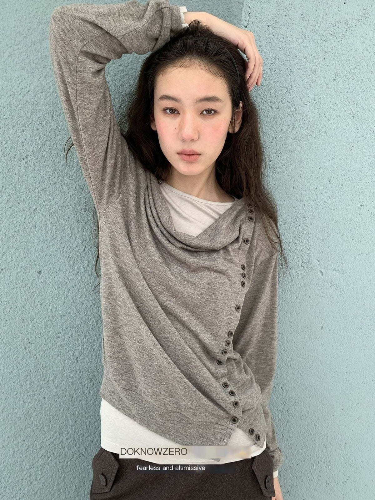 DKZ_OFFICIAL_Asymmetric_Button_Drape_Neck_Cardigan_Two_Piece_Women&