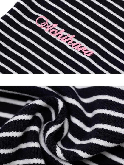 Achihara Fault Stripe Dot Print Tee Retro Vintage Style Cotton Blend