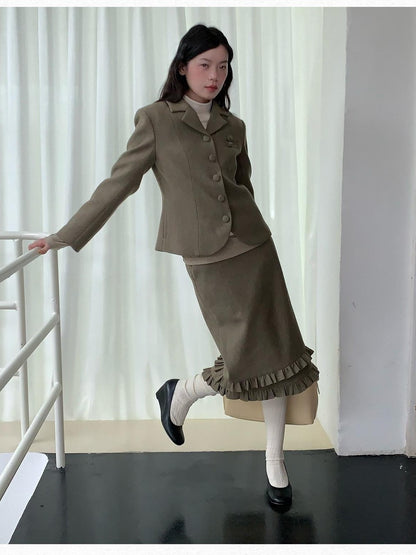 Dorydory Olive Green Ruffle Straight Mid Waist Women&