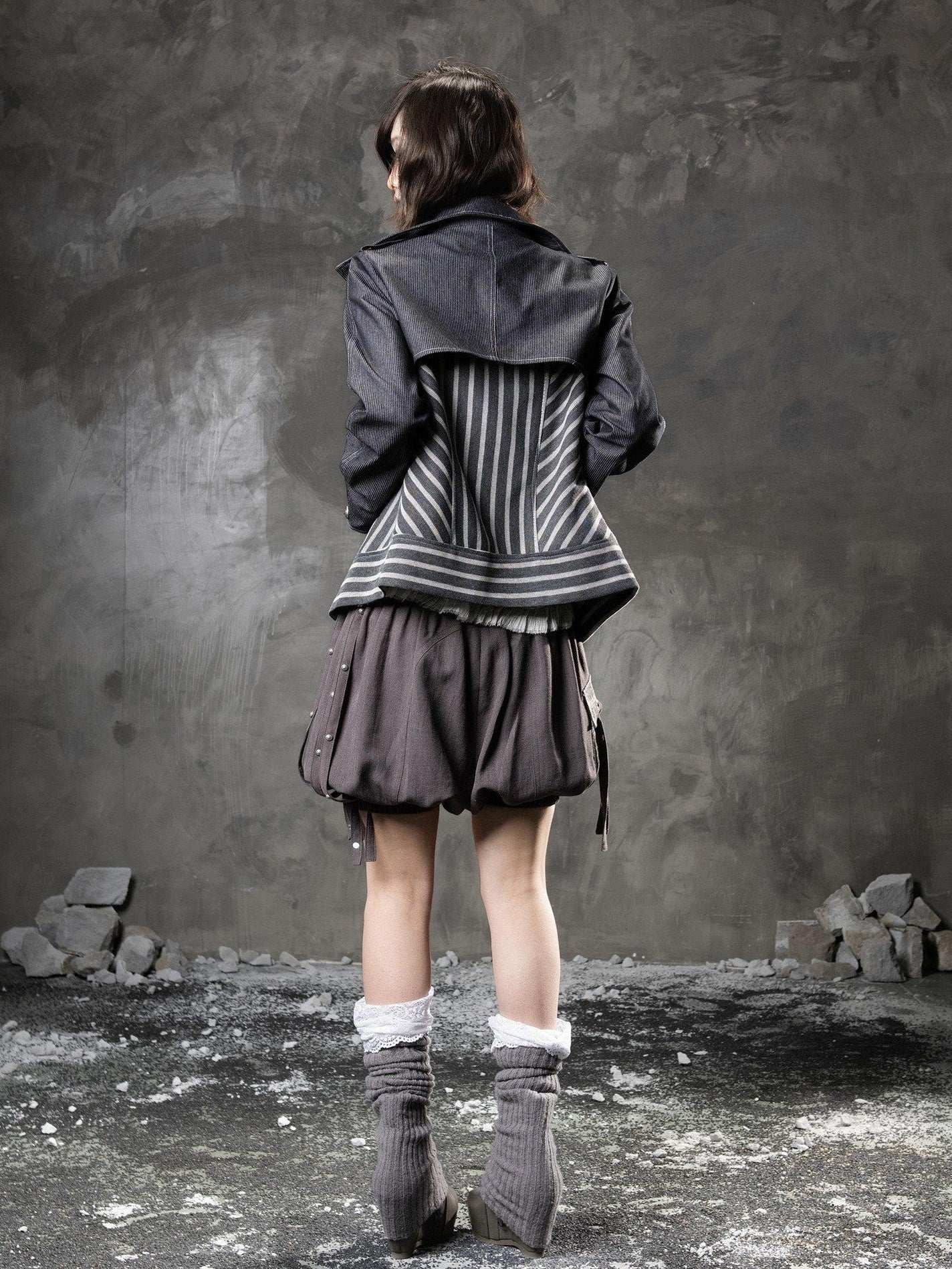 ARIADNAw Denim Blue Asymmetrical Striped Patchwork Original Design Women&