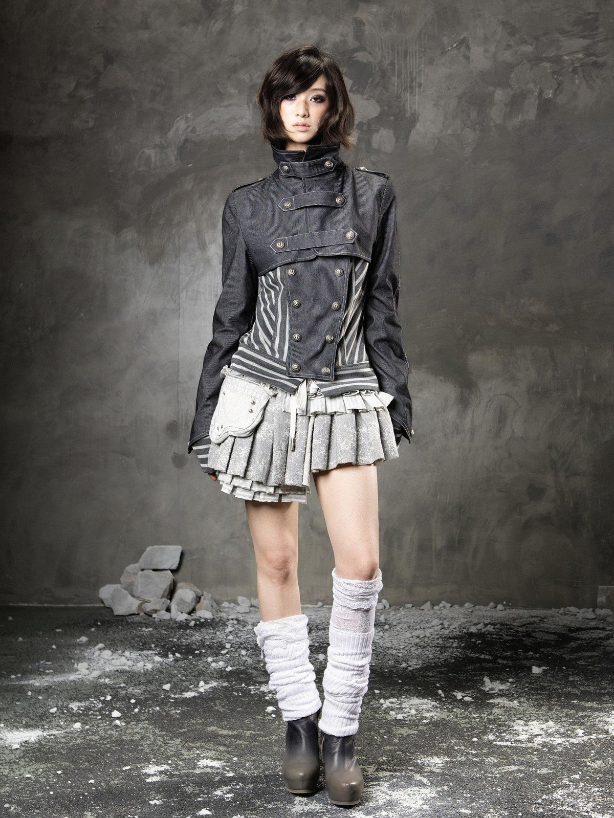 ARIADNAw Denim Blue Asymmetrical Striped Patchwork Original Design Women&