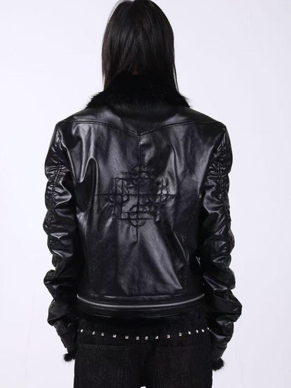 DETW onLine Embroidered Patchwork Fur Bomber Metal Hardware Women&