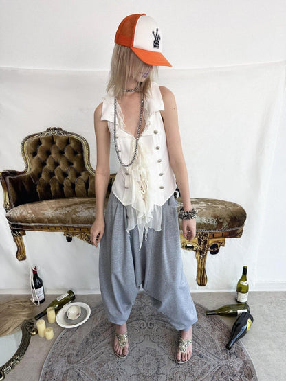 DoublePunch Ruffled Patchwork Slim Fit Vintage Blazer Sleeveless Women&