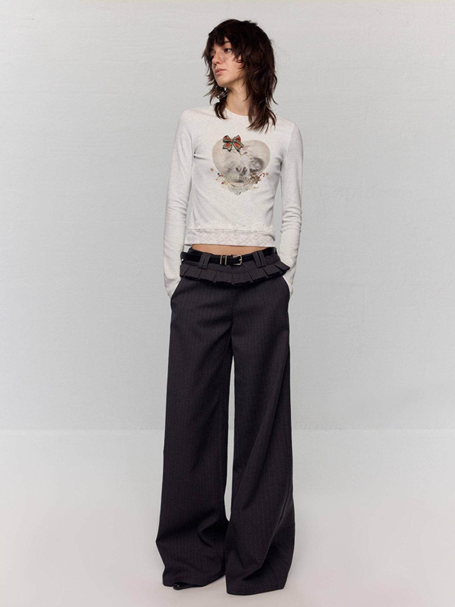 RUN TO THE FUTURE Stretch Cotton Slim Vintage Commuter Printed Lace Long Sleeve Women Crop Tops
