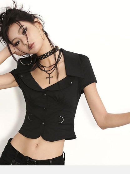 Low pixel Haut court basique noir pour femme en coton, coupe ajustée, à manches courtes, avec fermeture éclair sur le devant