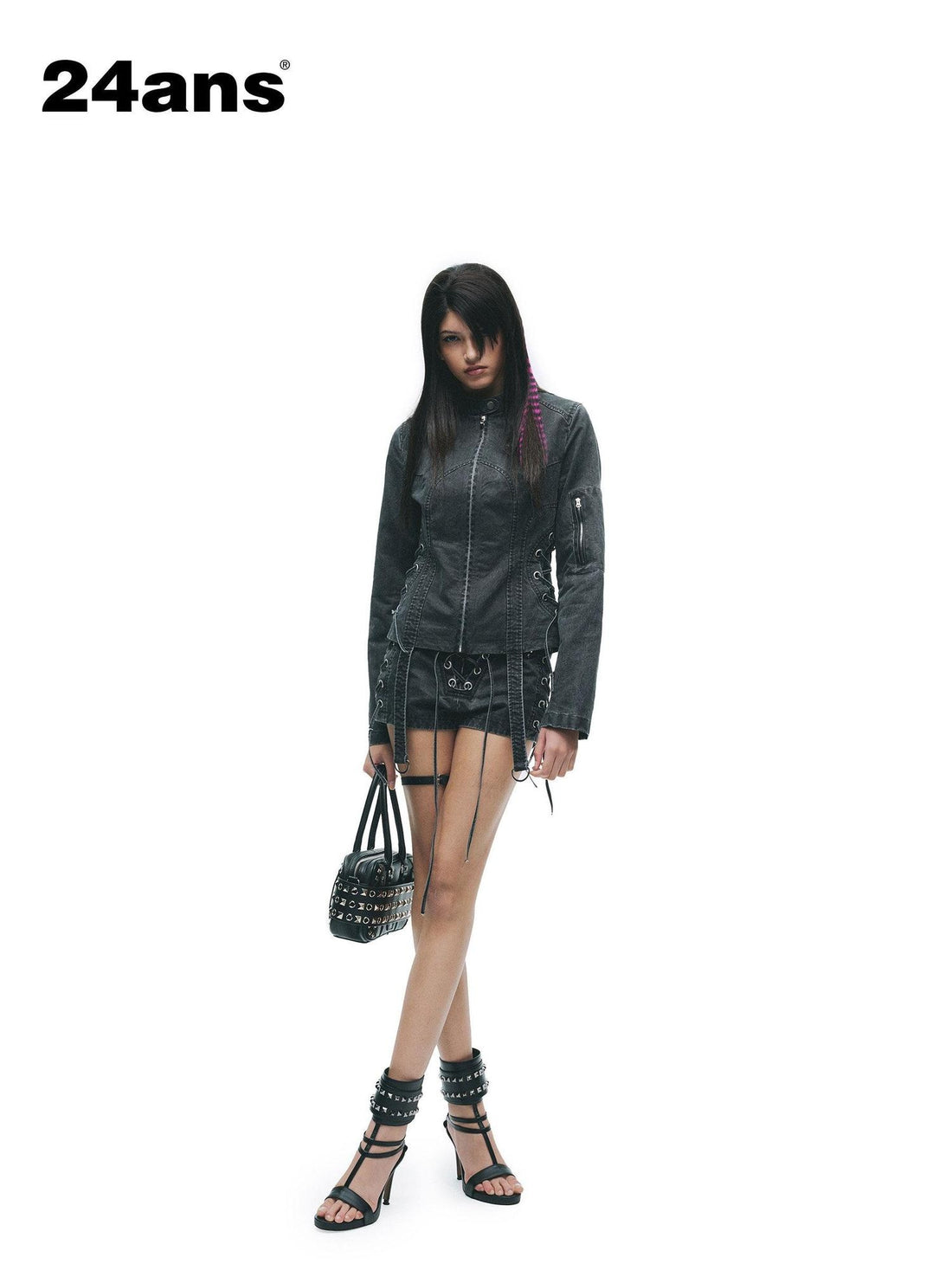 24ans Two Piece Long Sleeve Shorts Set For Women Black Gray Casual Denim Jackets