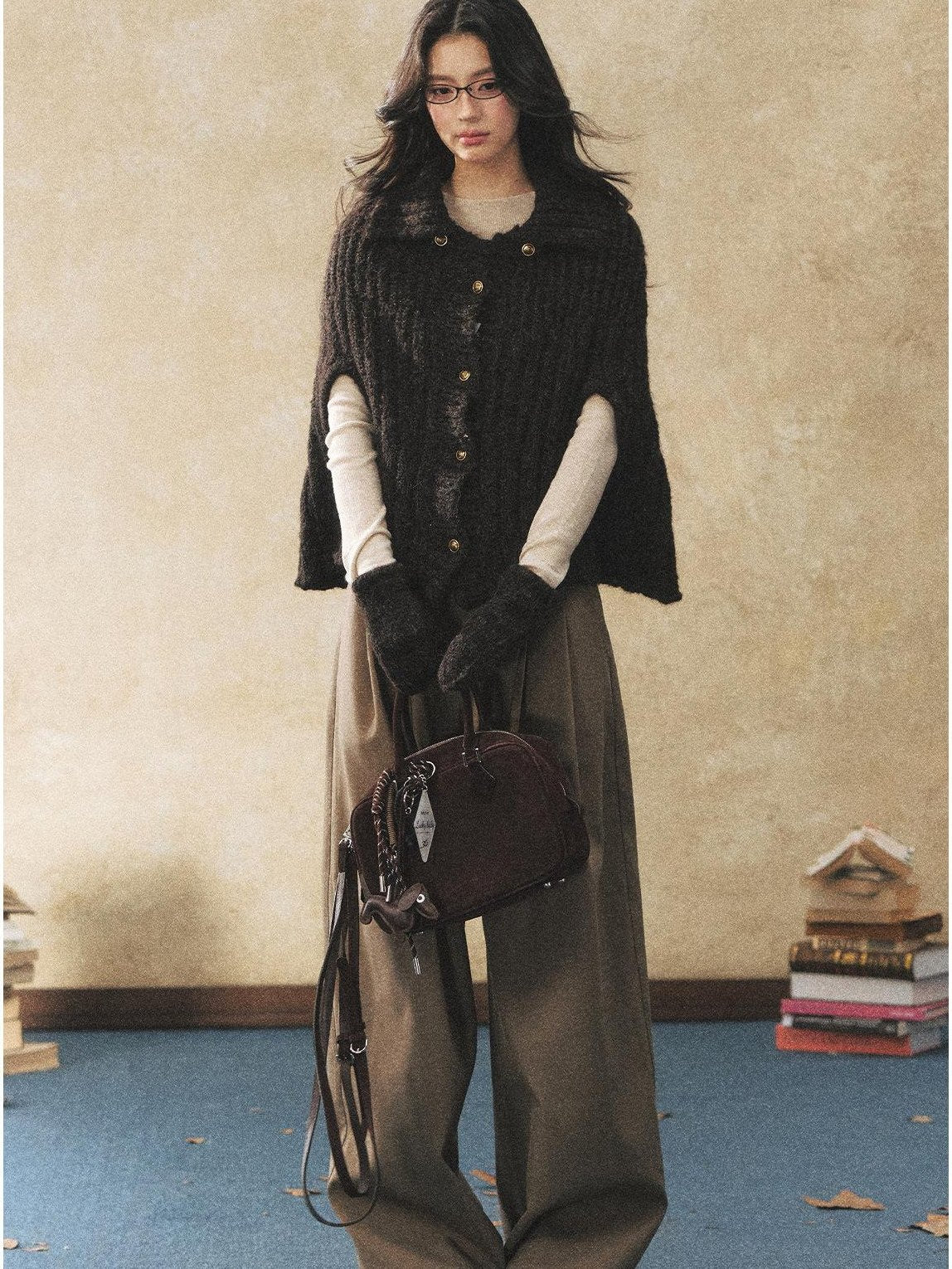 7Shiftin Pleated Wool Blend Natural Waist Casual Straight Hem Khaki Women Wide Leg Pants