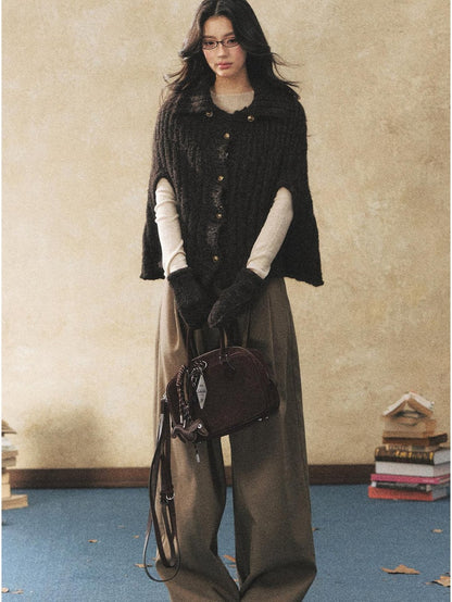 7Shiftin Pleated Wool Blend Natural Waist Casual Straight Hem Khaki Women Wide Leg Pants