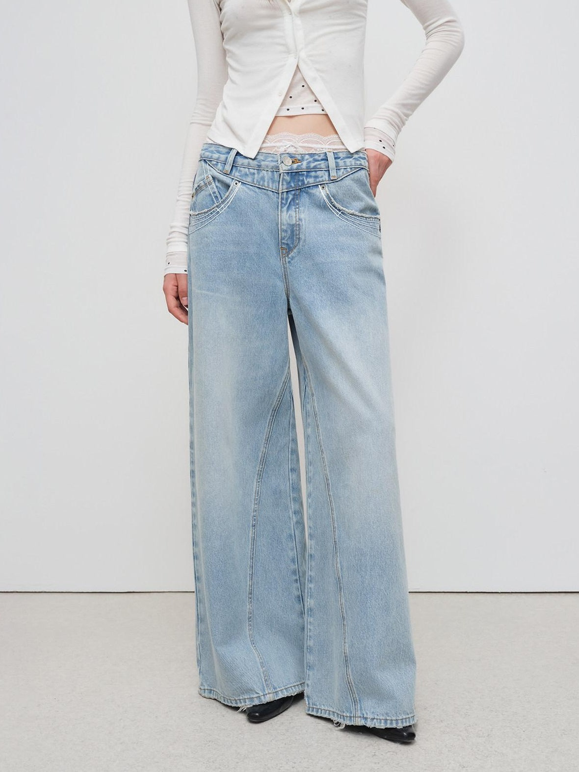 RUN TO THE FUTURE Light Blue Casual Loose Natural Waist Button Fly No Stretch Women Wide-Leg Jeans