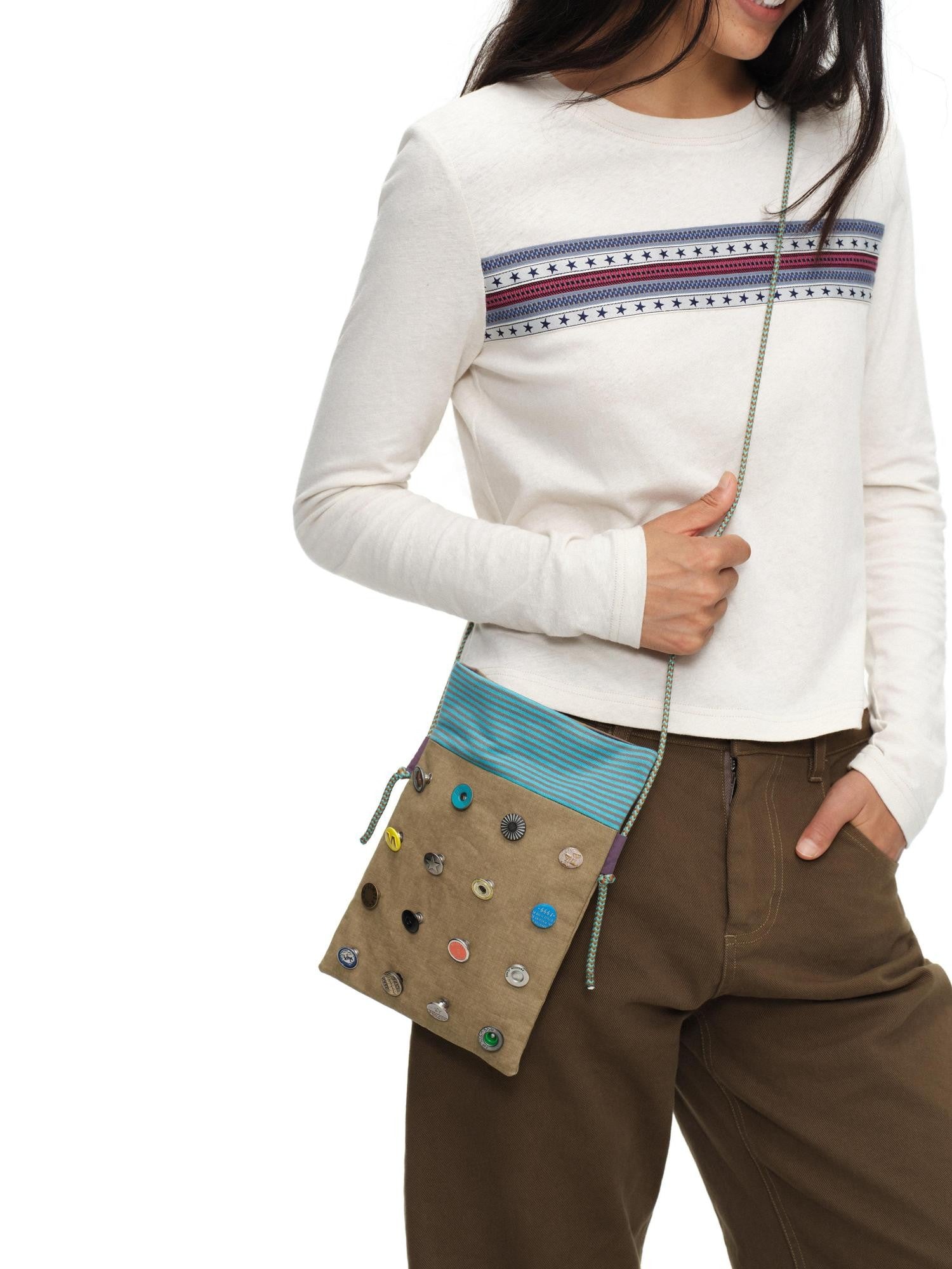 oinimi Khaki Stripe Button Badge Studded Square Women&