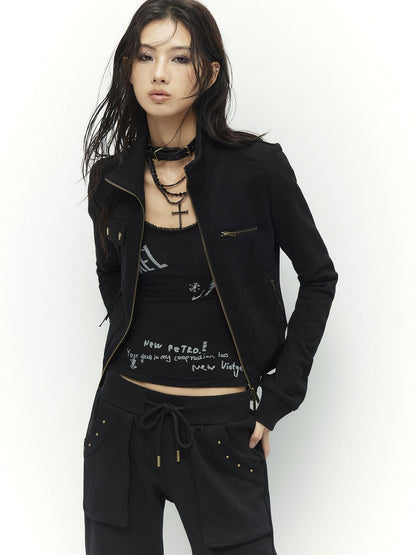 Low pixel Studded Slim Fit Zip Front Stand Collar Thick Cotton Black Top &amp; Pants Sets