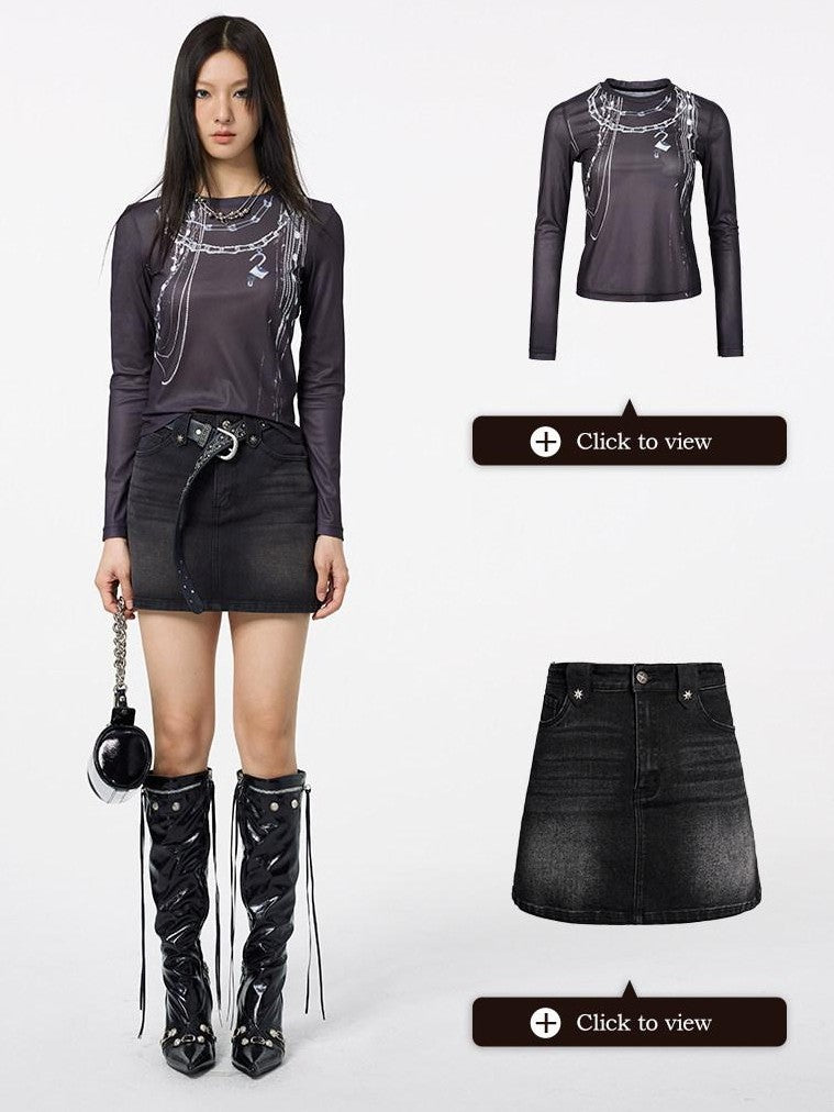 DKZ OFFICIAL Chain Print Mesh Slim Fit Round Neck Women&