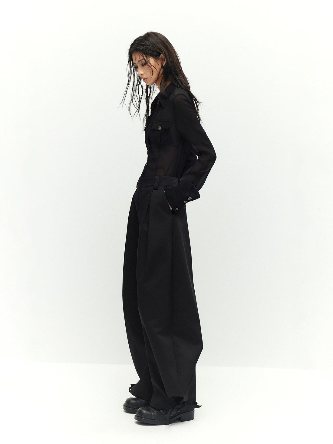 Low pixel Pure Cotton Black Low Waist Tie Detail Loose Fit Womens Straight Wide Leg Pants