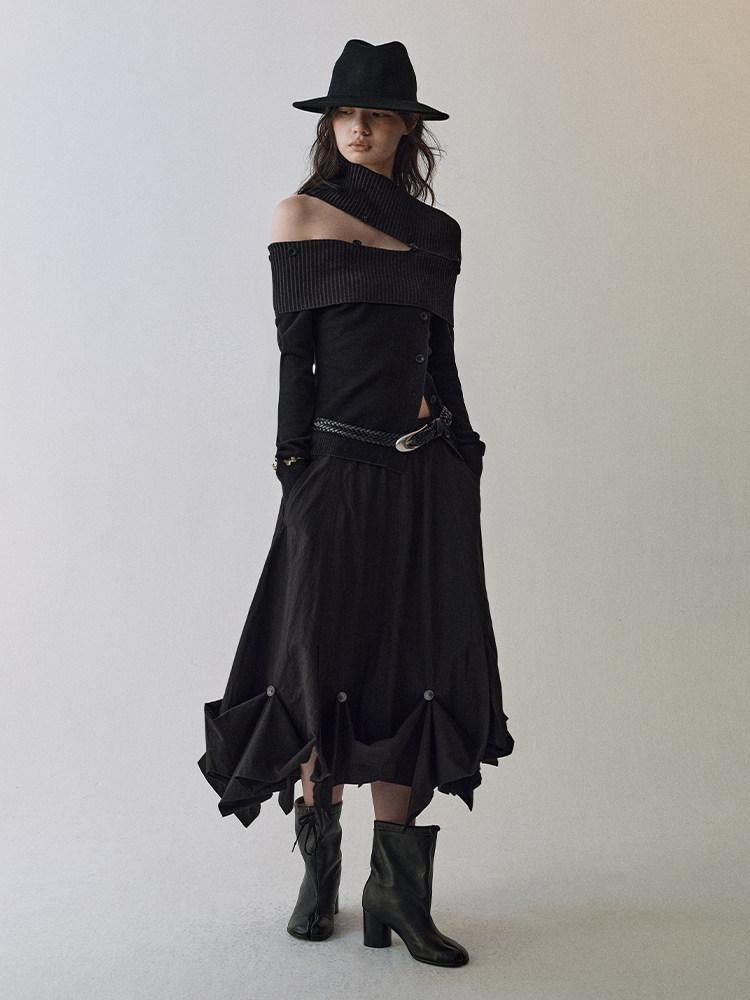 AnnoMundi Viscose Blend Slim Fit Off Shoulder Women Black Grey Long Sleeve T-Shirts