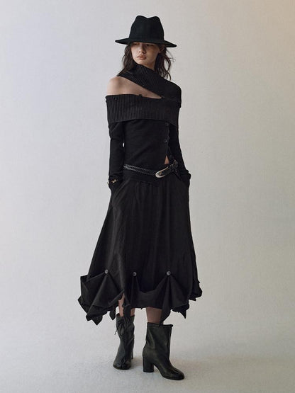 AnnoMundi Viscose Blend Slim Fit Off Shoulder Women Black Grey Long Sleeve T-Shirts