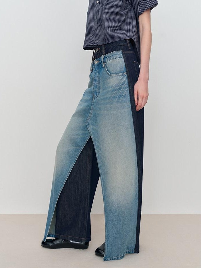 RUN TO THE FUTURE Durable Washed Denim Casual Loose Natural Waist Zipper Fly Blue Wide-Leg Jeans