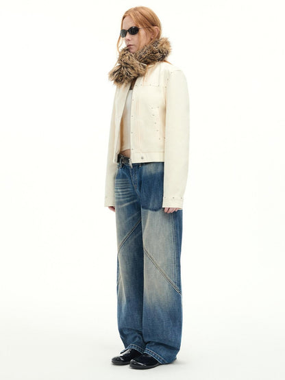 RUN TO THE FUTURE Vintage Washed Low Rise Cotton Boxy Women Zip Fly Nostalgic Blue Straight Jeans