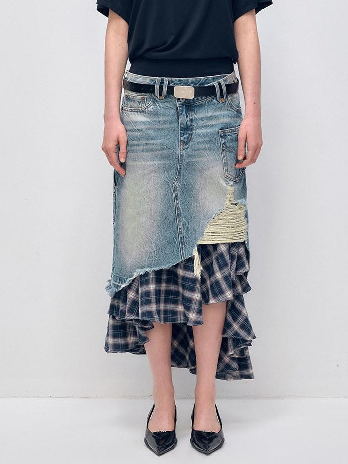 RUN TO THE FUTURE Vintage Patchwork Distressed Low Waist Slim A Line Denim Women Midi Skirts