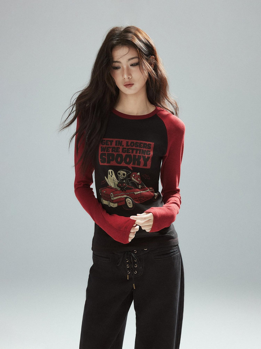 Low pixel Cotton Blend Printed Slim Crewneck Women Colorblock Long Sleeve T-Shirts