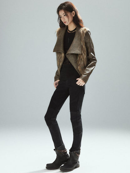 Low pixel Thick Waist Cinch Patchwork Street Style Women Brown Zipper Lapel Cropped Jackets
