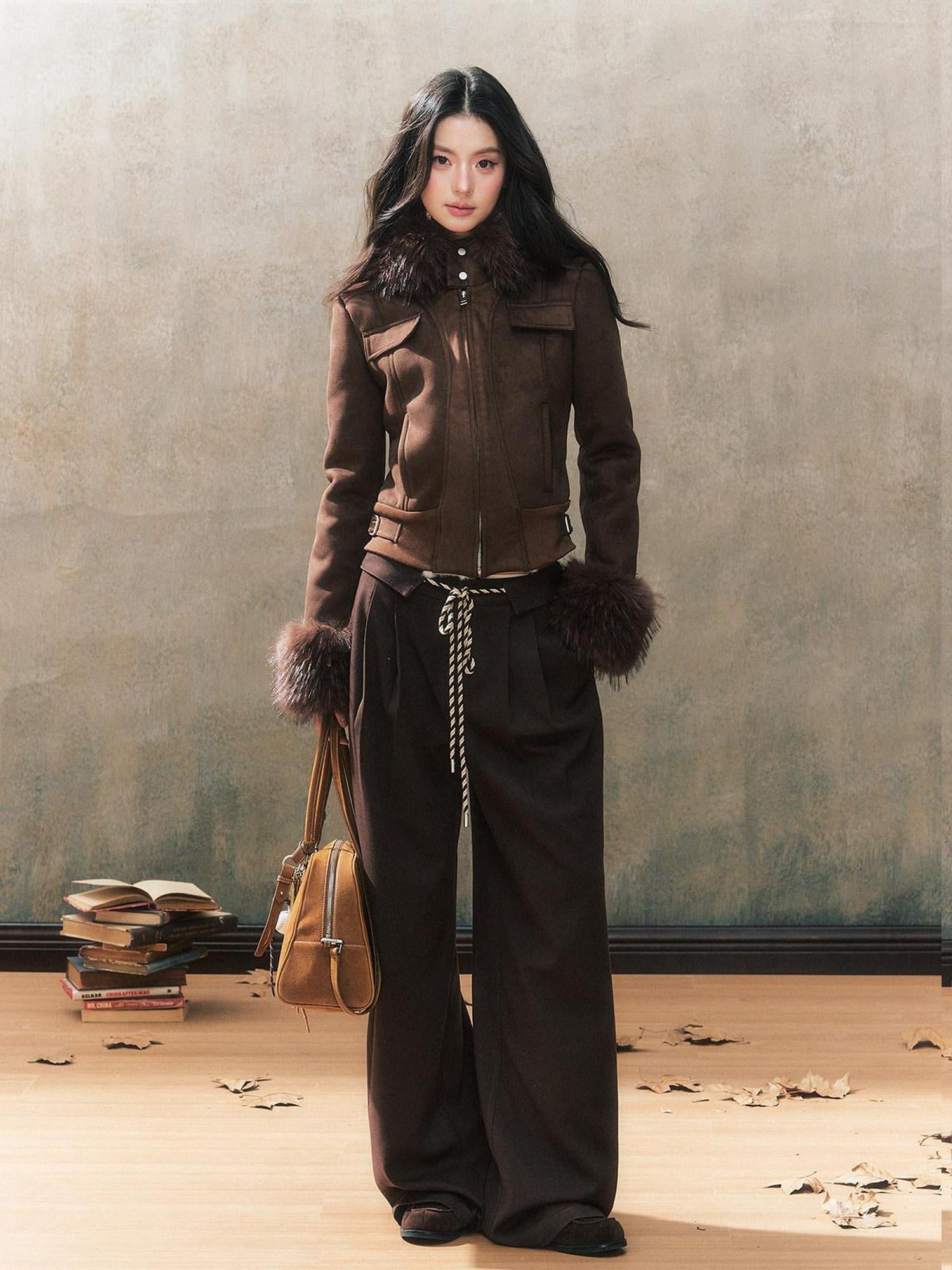 7Shiftin Brown Drawstring Pocket Natural Waist Original Straight Women Wide Leg Pants