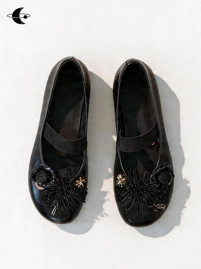 AnnoMundi Round Toe Black Floral Embellished One Strap Women&