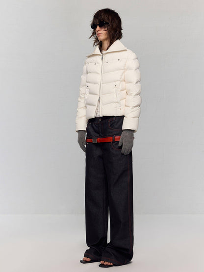 RUN TO THE FUTURE 90% White Duck Down Warm Short Straight Retro Cream Nylon Zipper Down Jackets