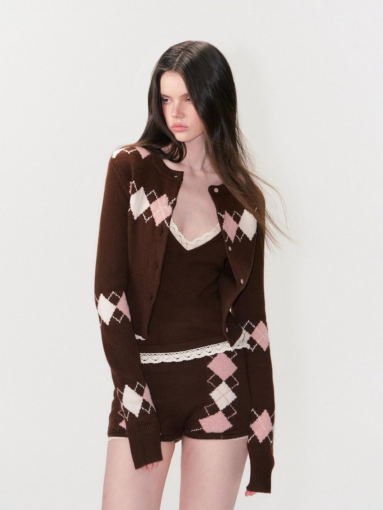 The NeverMore Cashmere Blend Sexy Argyle Button Cardigan Shorts Women Top &amp; Shorts Sets