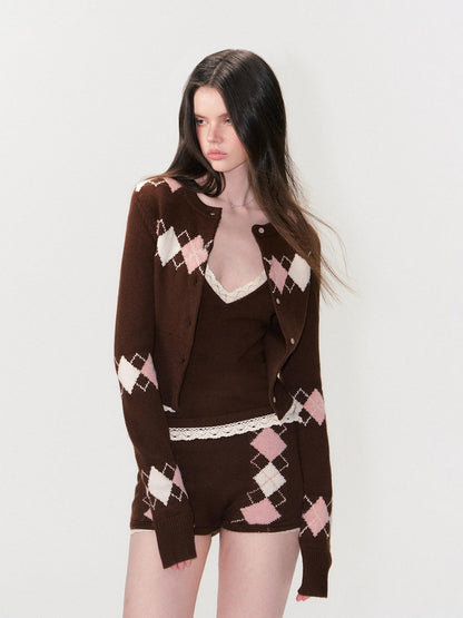 The NeverMore Cashmere Blend Sexy Argyle Button Cardigan Shorts Women Top &amp; Shorts Sets