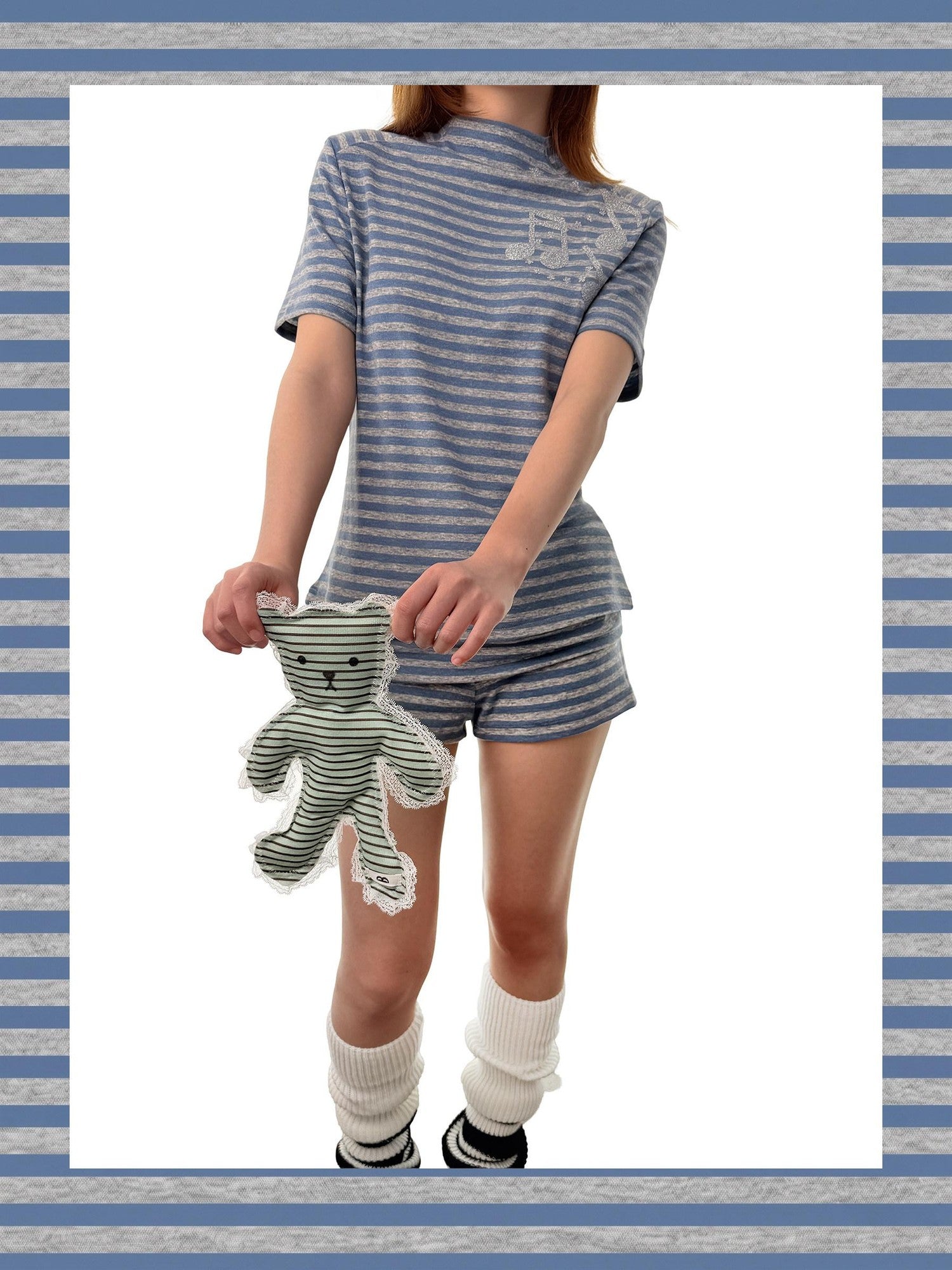 takeabreak Blue Grey Heather Striped Music Note Heat Transfer Women&