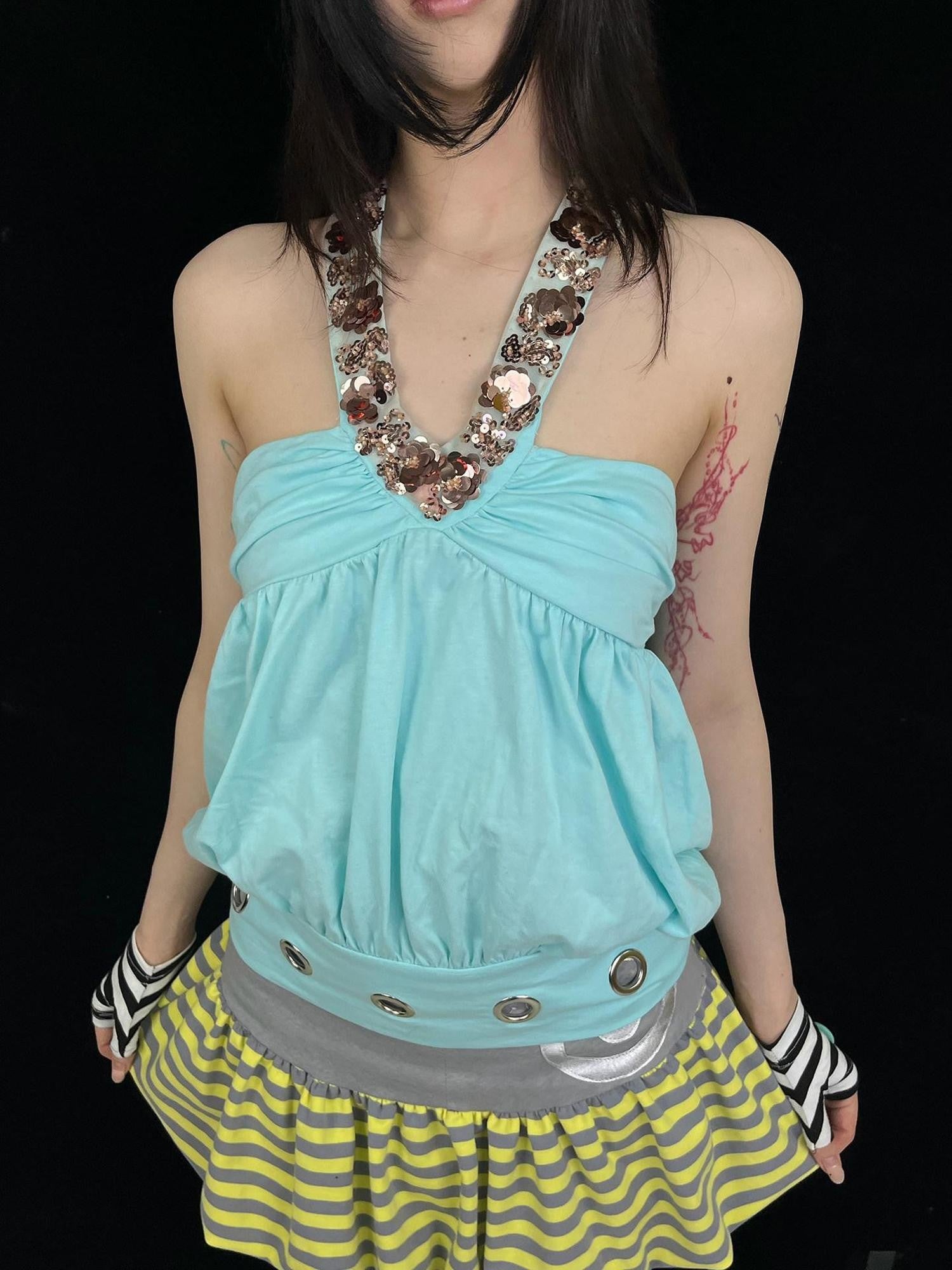 Ttsunami Beaded Sequined Ruched V-neck Halter Open Back Mint Green Women&