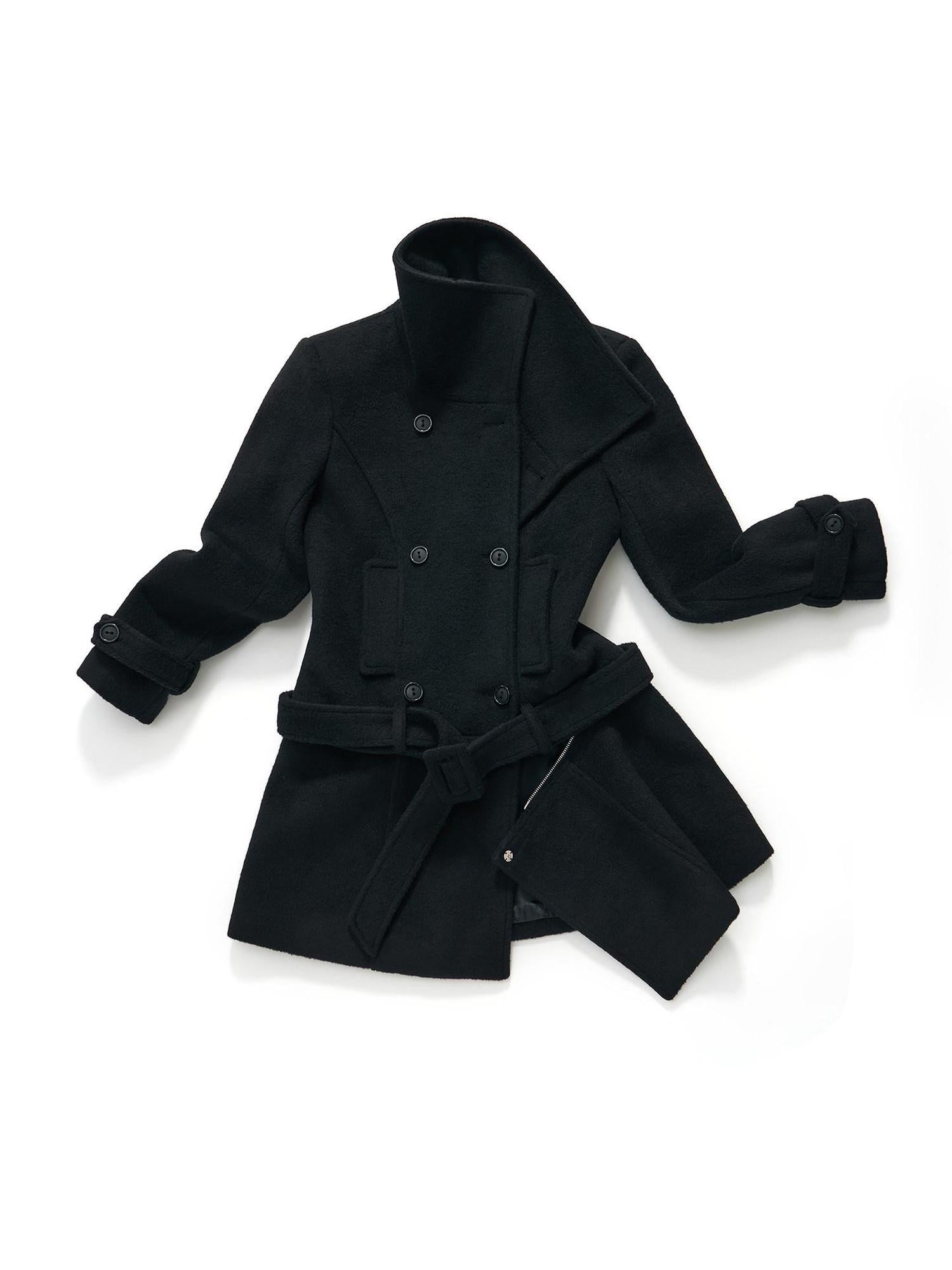 7Shiftin Detachable Wool Casual Cinched Waist Double Breasted Women Black Short Coat