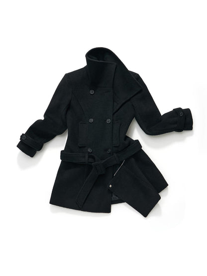 7Shiftin Detachable Wool Casual Cinched Waist Double Breasted Women Black Short Coat