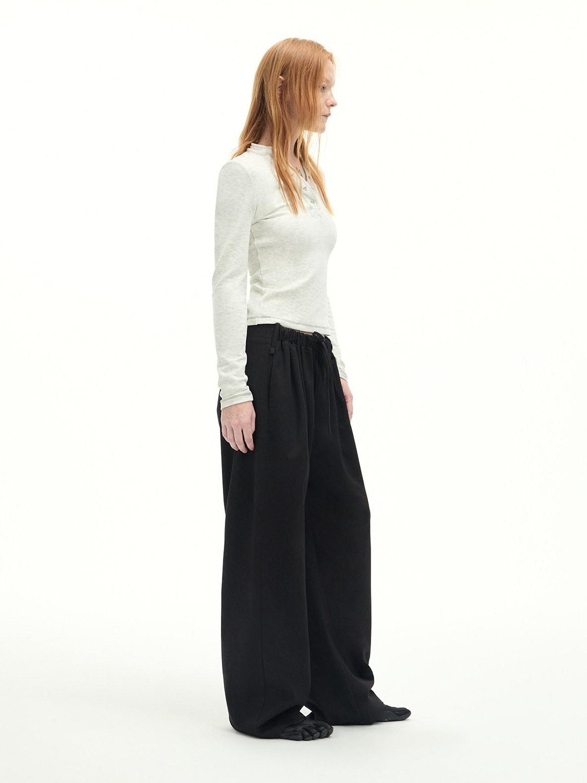 RUN TO THE FUTURE Stretch Wool Blend Casual Wide Leg Drawstring Mid Low Rise Women Black Chinos