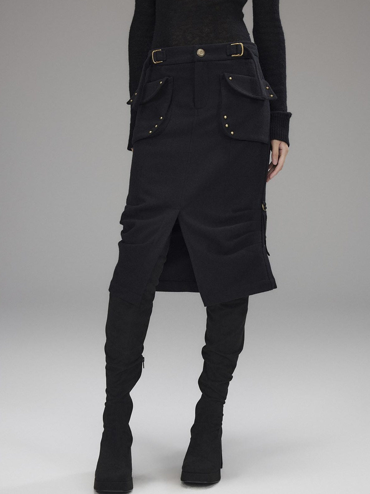 Low pixel Wool Blend Low Rise Cargo Pockets Front Slit Hline Casual Black Midi Skirts