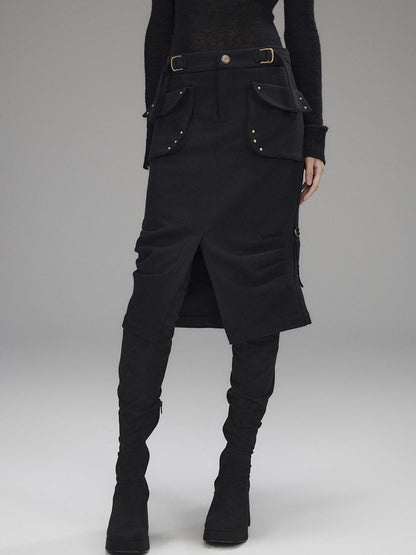 Low pixel Wool Blend Low Rise Cargo Pockets Front Slit Hline Casual Black Midi Skirts