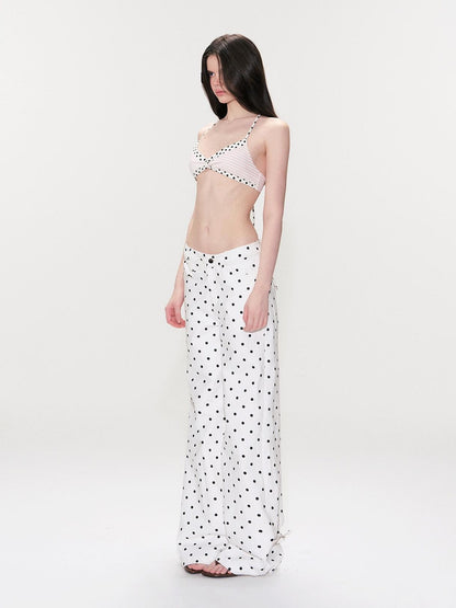 The NeverMore White Polka Dot V Waist Loose Fit Button Fly Women Denim Straight Leg Jeans
