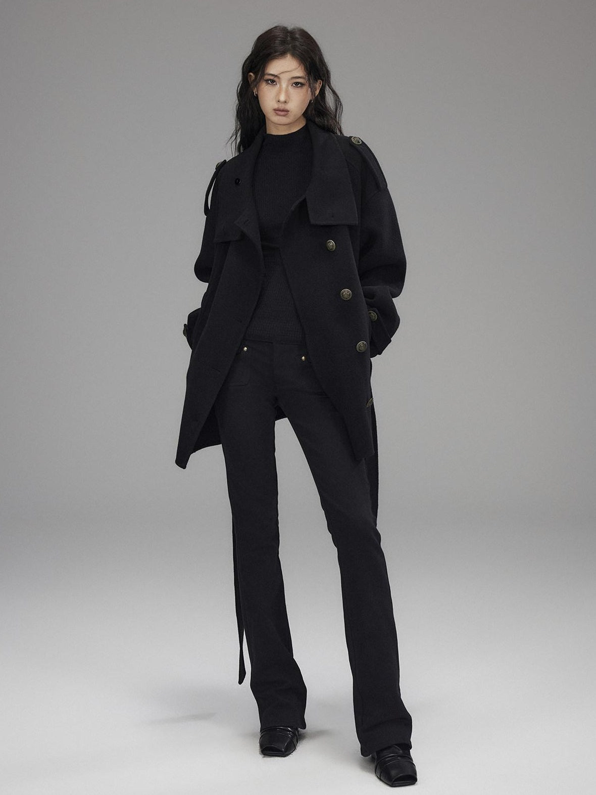 Low pixel Warm Oversized Street Midlength Notch Lapel Wool Cashmere Black Wool Coats