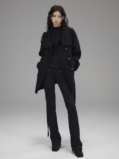 Low pixel Warm Oversized Street Midlength Notch Lapel Wool Cashmere Black Wool Coats