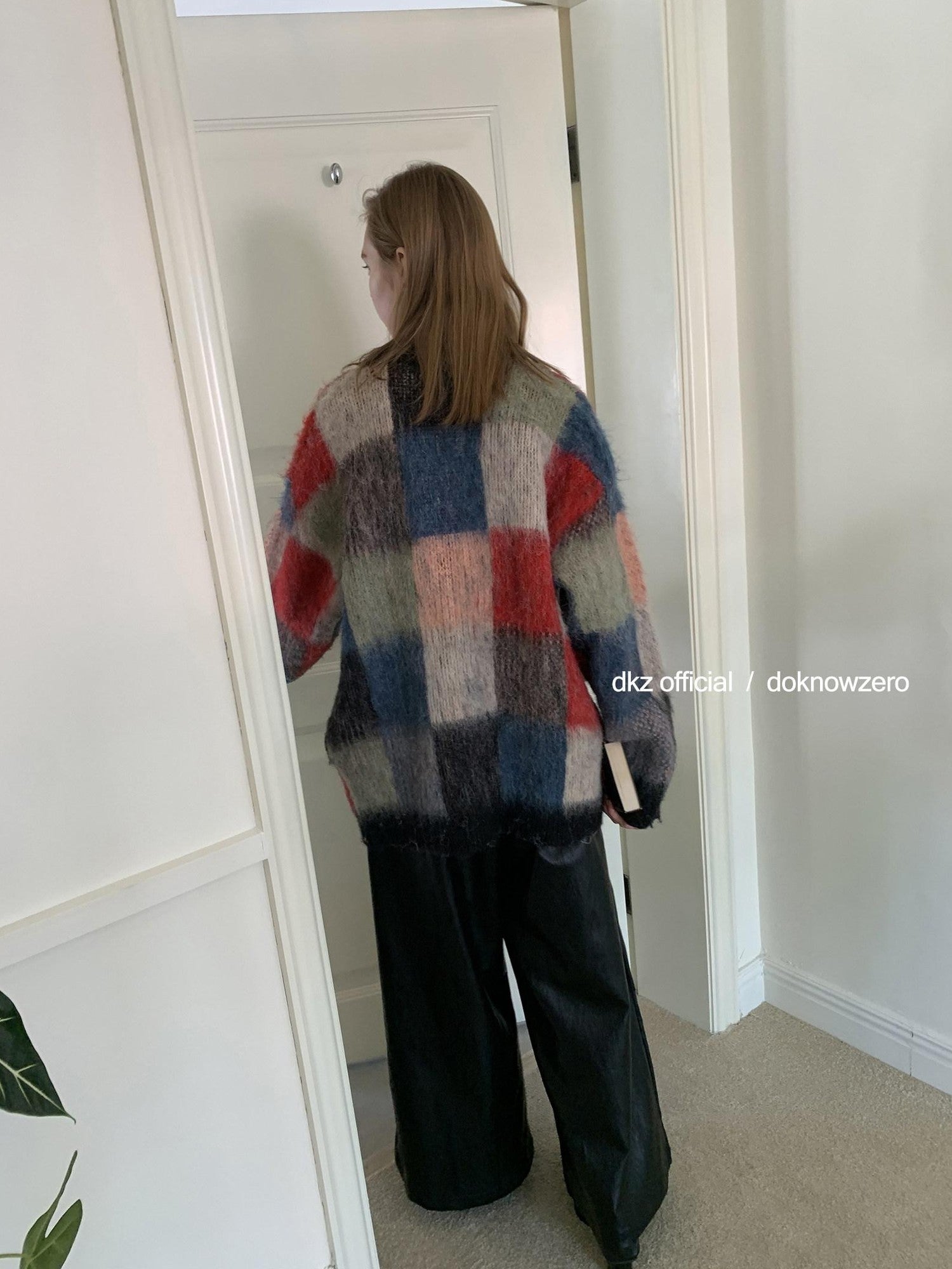 DKZ OFFICIAL Retro Colorful Plaid Knit Buttoned Loose Women&