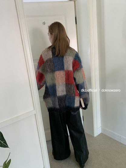 DKZ OFFICIAL Retro Colorful Plaid Knit Buttoned Loose Women&