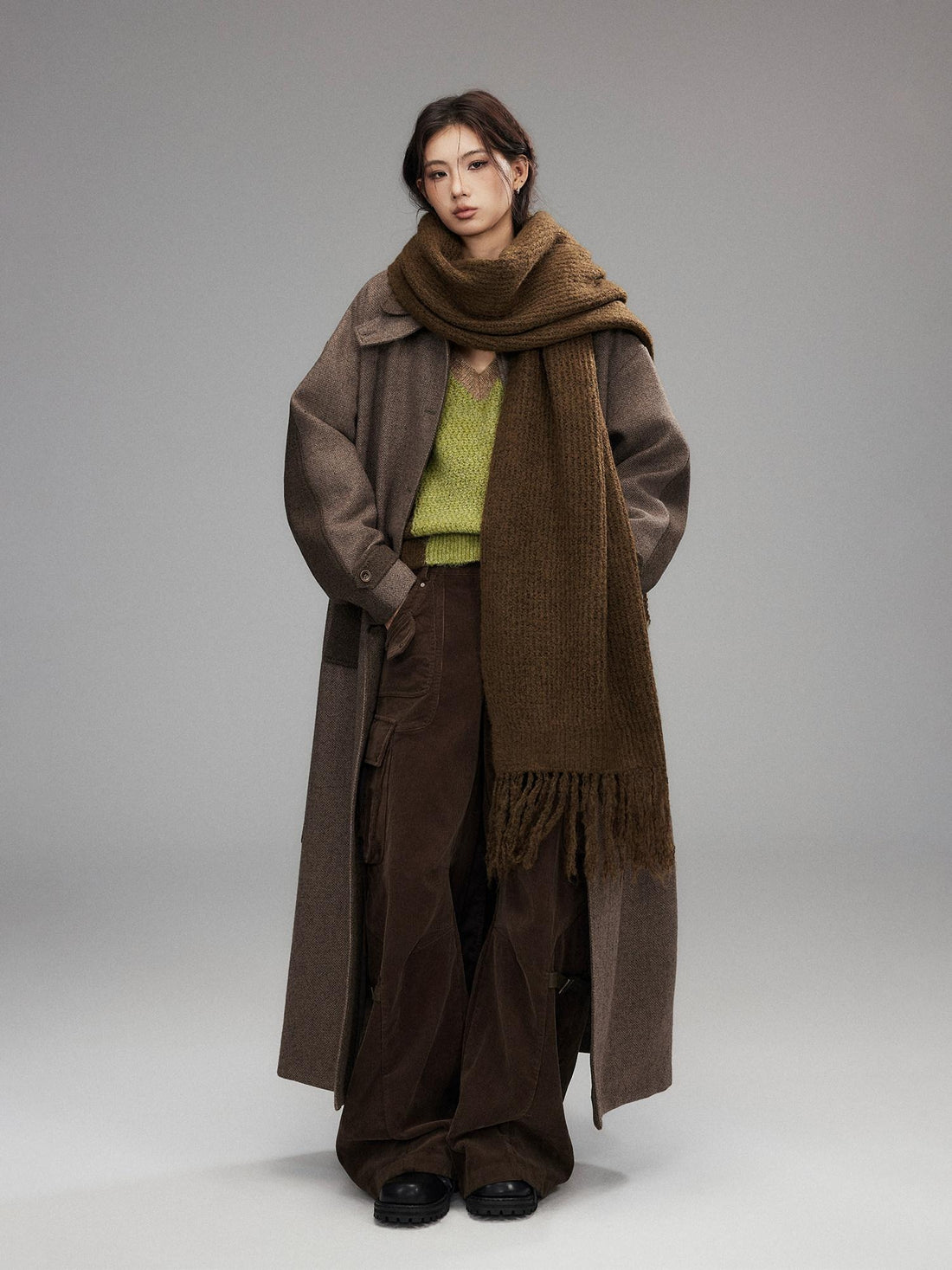 Low pixel Wool Blend Thick Colorblock Oversized Stand Collar Single Breasted Wool Coats