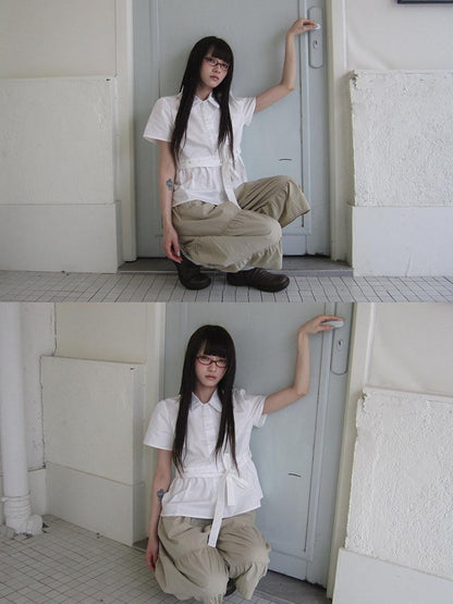 ang project Korean Turn Down Collar Single Button Tie Waist Women&