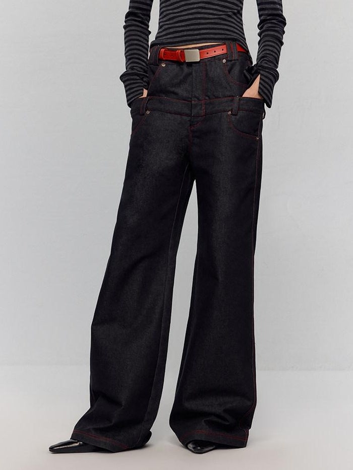 RUN TO THE FUTURE Low Rise Colorblock Loose Fit Zip Fly Black Denim Stretch Wide-Leg Jeans