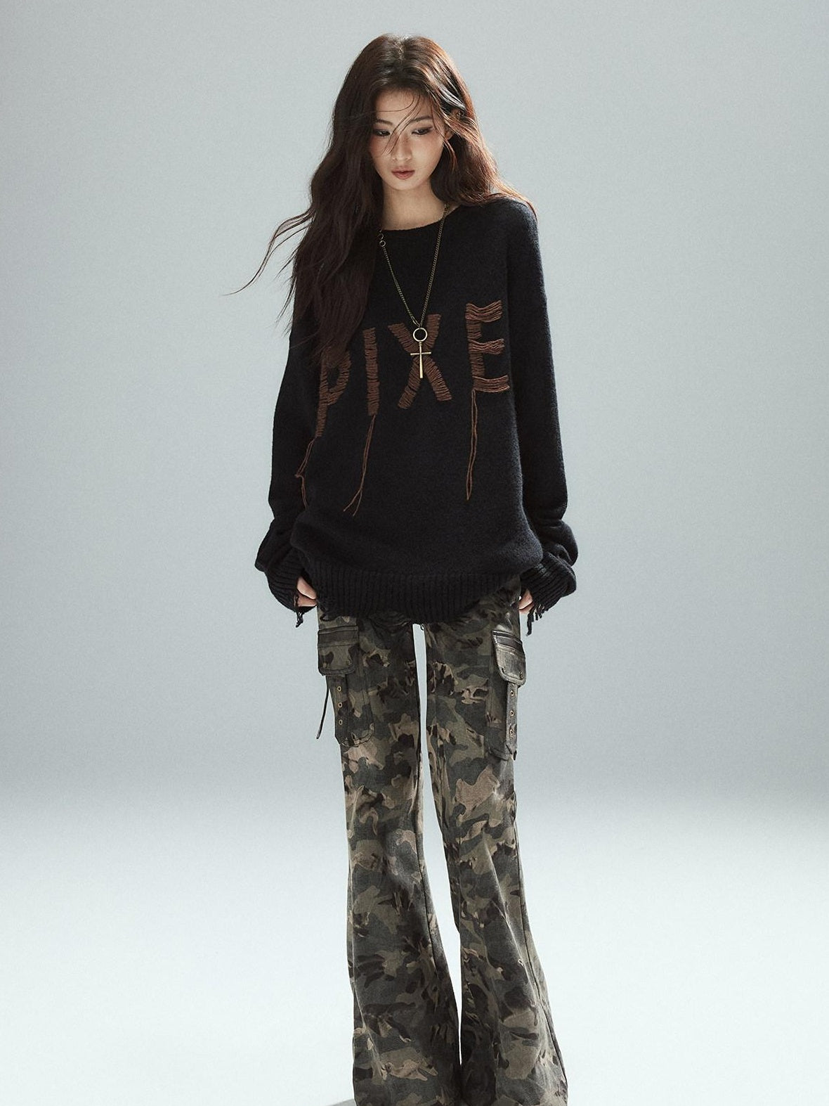 Low pixel Warm Oversized Street Style Distressed Hem Women Black Knit Pullover Sweaters