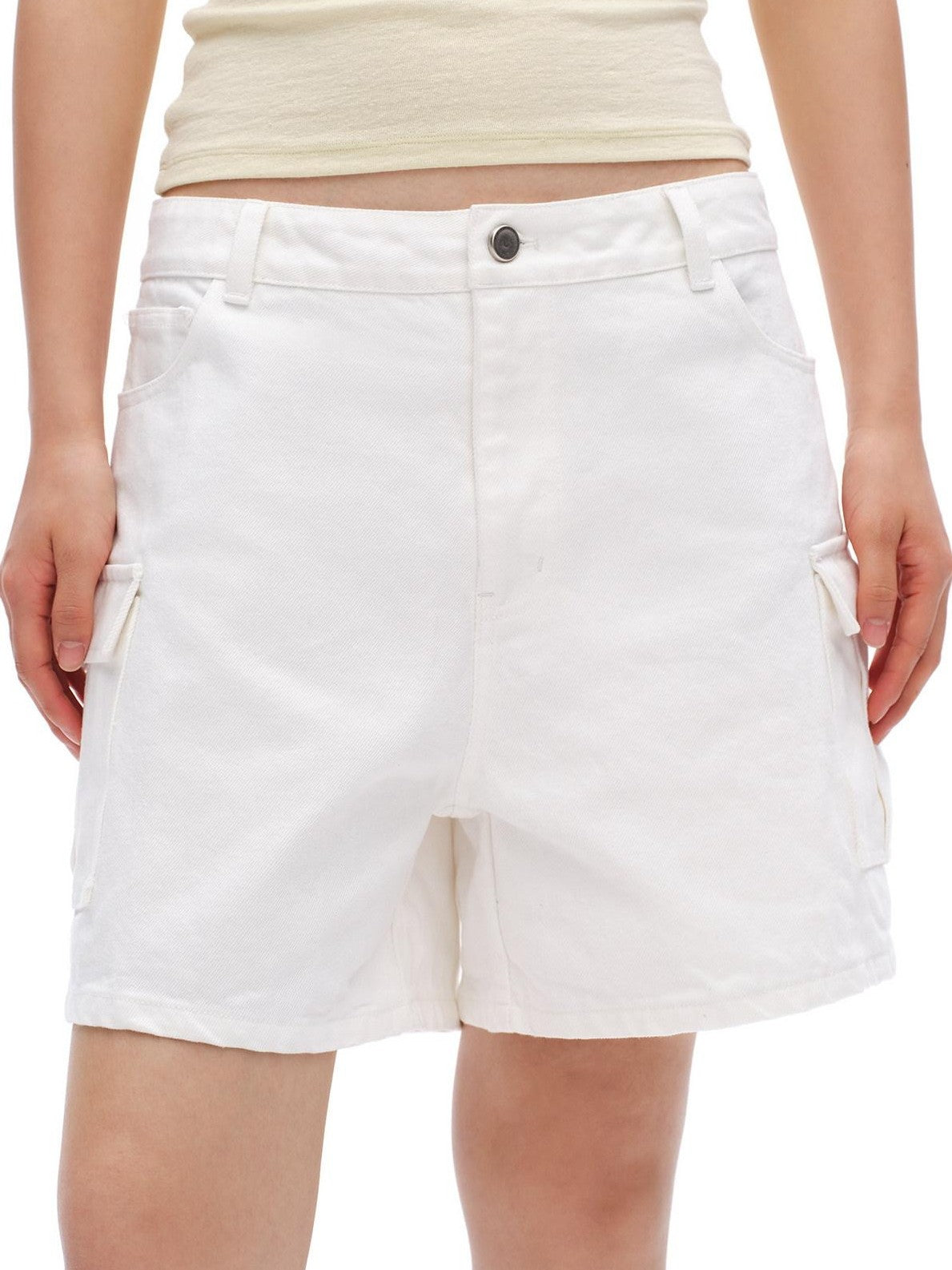 oinimi White Vintage Bermuda Cargo Button Fly Pocket Women&
