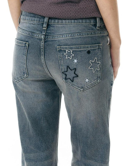 NAPSNAPS Washed Blue Star Embroidered Low Waist Micro Flare Women&
