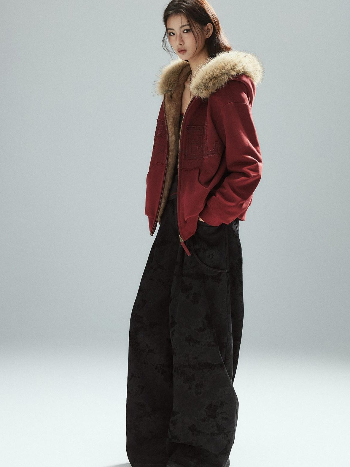 Low pixel Thick Warm 100 Percent Cotton Street Loose Fit Zip Up Women Red Oversized Hoodie